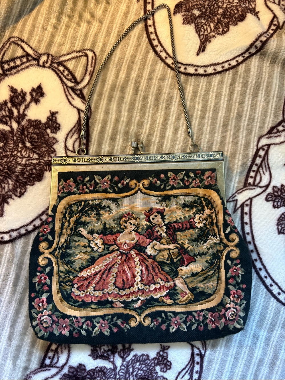 Vintage Courting Tapestry Evening Bag in Pink and Green